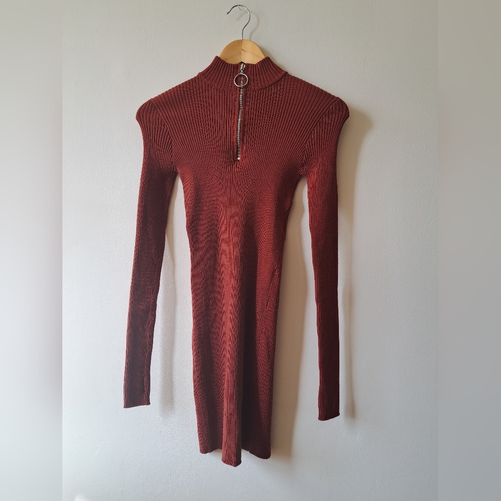 Slim Mock Neck Long Sleeve Ribbed Sweater Dress With Thumbholes Orange